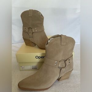 Tan Ankle Booties with Decorative Hardware and Stacked Heel